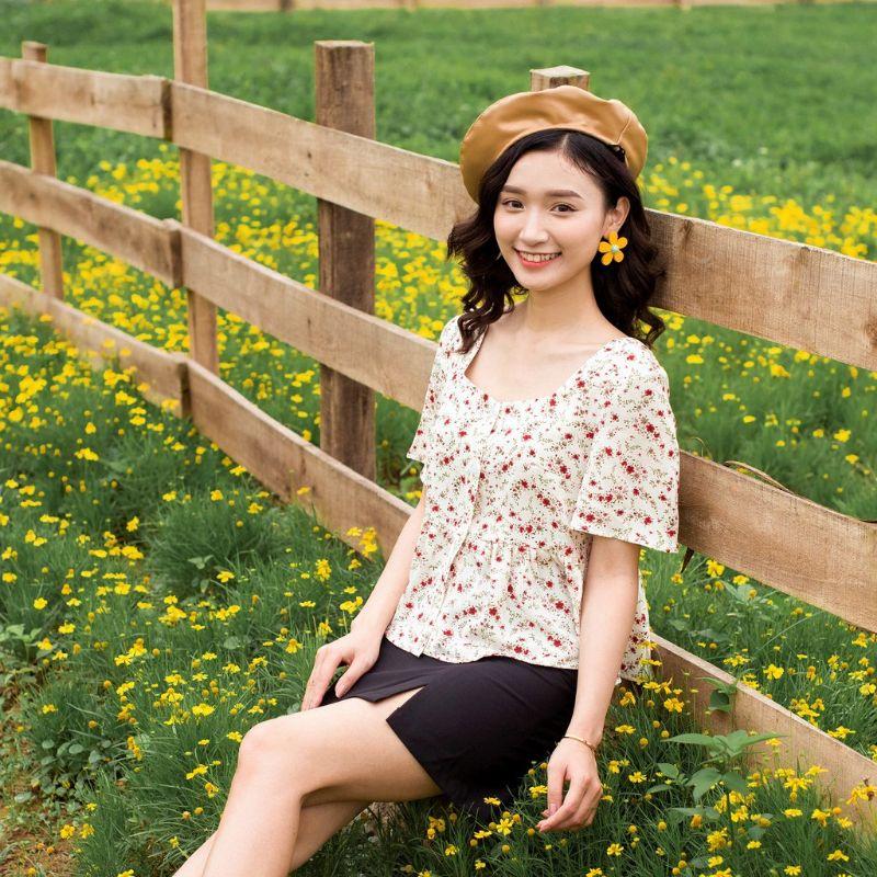Áo sơmi nữ hoa nhí Freesize cổ vuông