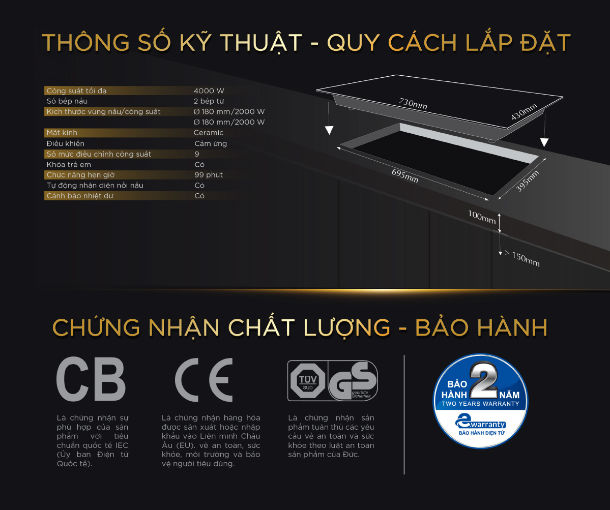 Bếp âm từ đôi BlueStone ICB-6821 (4000W) - Hàng chính hãng