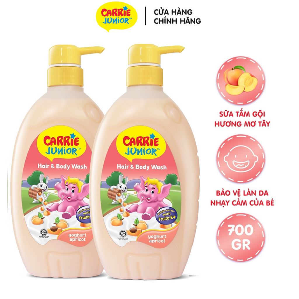 Combo 2 chai Sữa Tắm Gội cho bé Carrie Junior Yoghurt Hương Mơ Tây Apricot (700g/chai)