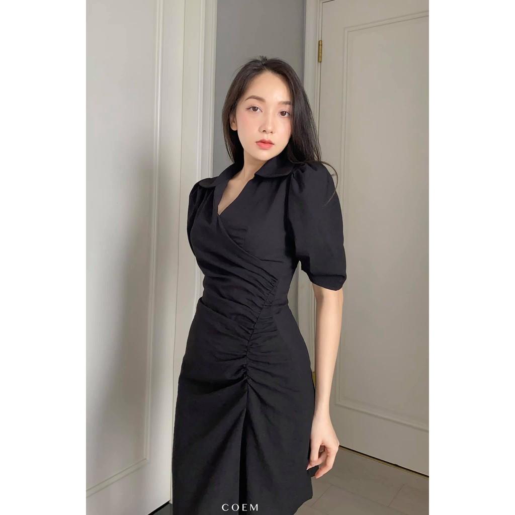 Đầm Sơ Mi Dáng Ngắn Màu Đen Nhún Eo Lệch Tay Phồng Chất Liệu Linen Premium CO EM Thiết Kế Phù Hợp Công Sở Đi Dạo Đi Tiệc