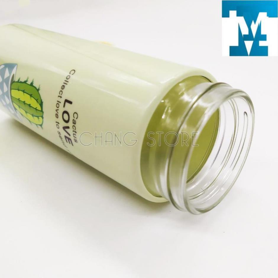 Bình Giữ Nhiệt Thủy Tinh Bọc Nhựa Lúa Mạch 450ml Họa Tiết Xương Rồng, Chống Va Đập, Có Dây Xách Tiện Dụng