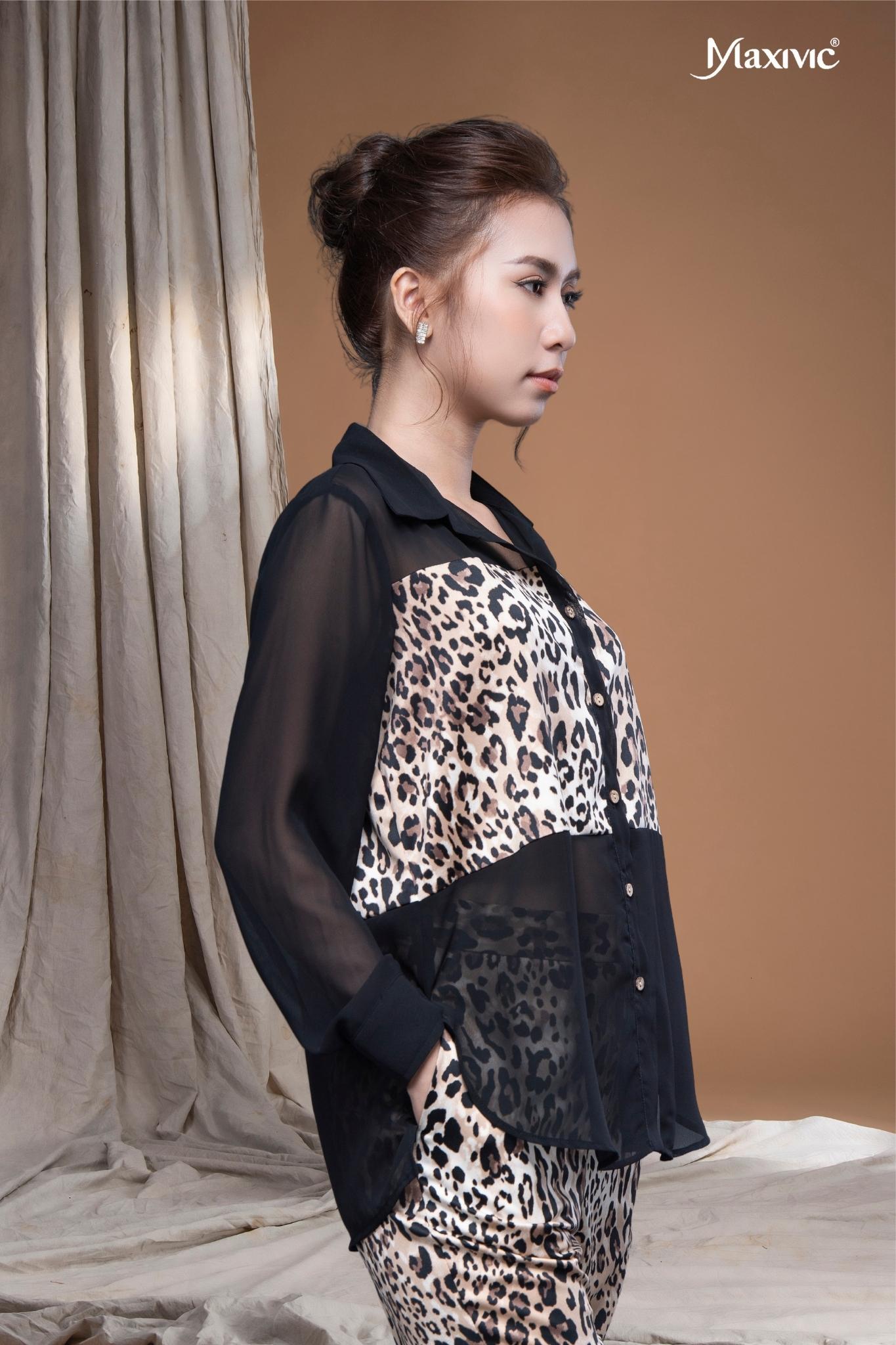 Áo sơ mi chiffon đen phối beo lụa cát LM112432 [BST Da Beo