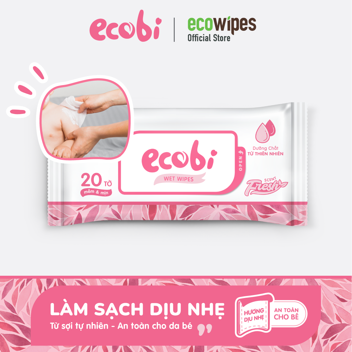 Combo 05 gói khăn ướt cho bé Ecobi gói 20 tờ Ecobi Hương dịu nhẹ không cồn không paraben an toàn cho làn da nhạy cảm của bé