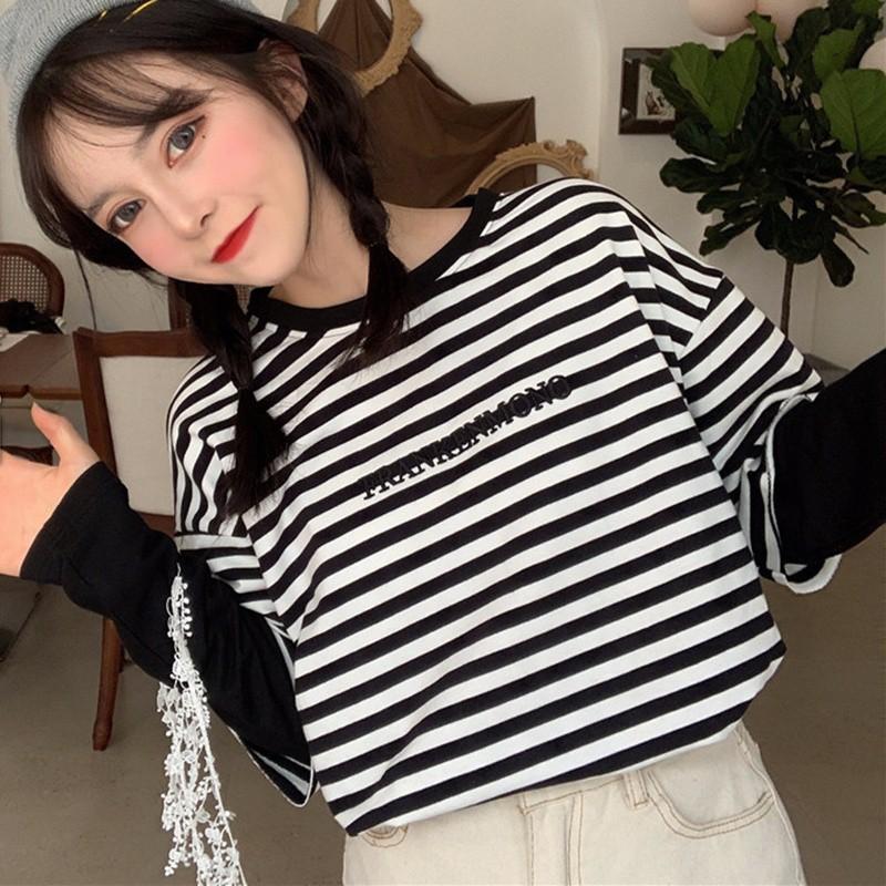 Áo thun tay dài cổ tròn hoạ tiết kẻ sọc thiết kế dáng rộng thoải mái