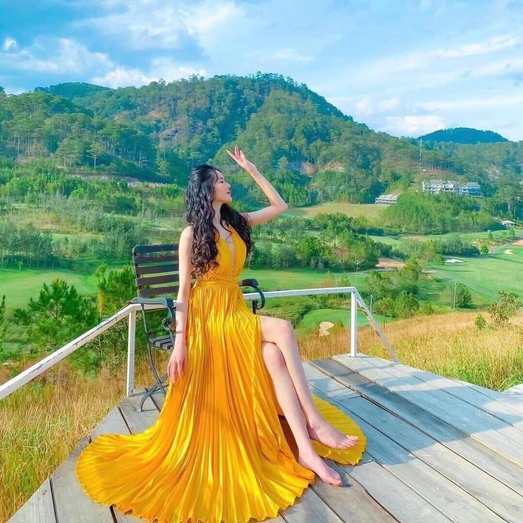 Đầm Maxi đi biển đầm đi biển váy đi biển dập ly chéo lưngđi chơi đi tiệc đám cưới, du lịch PVC