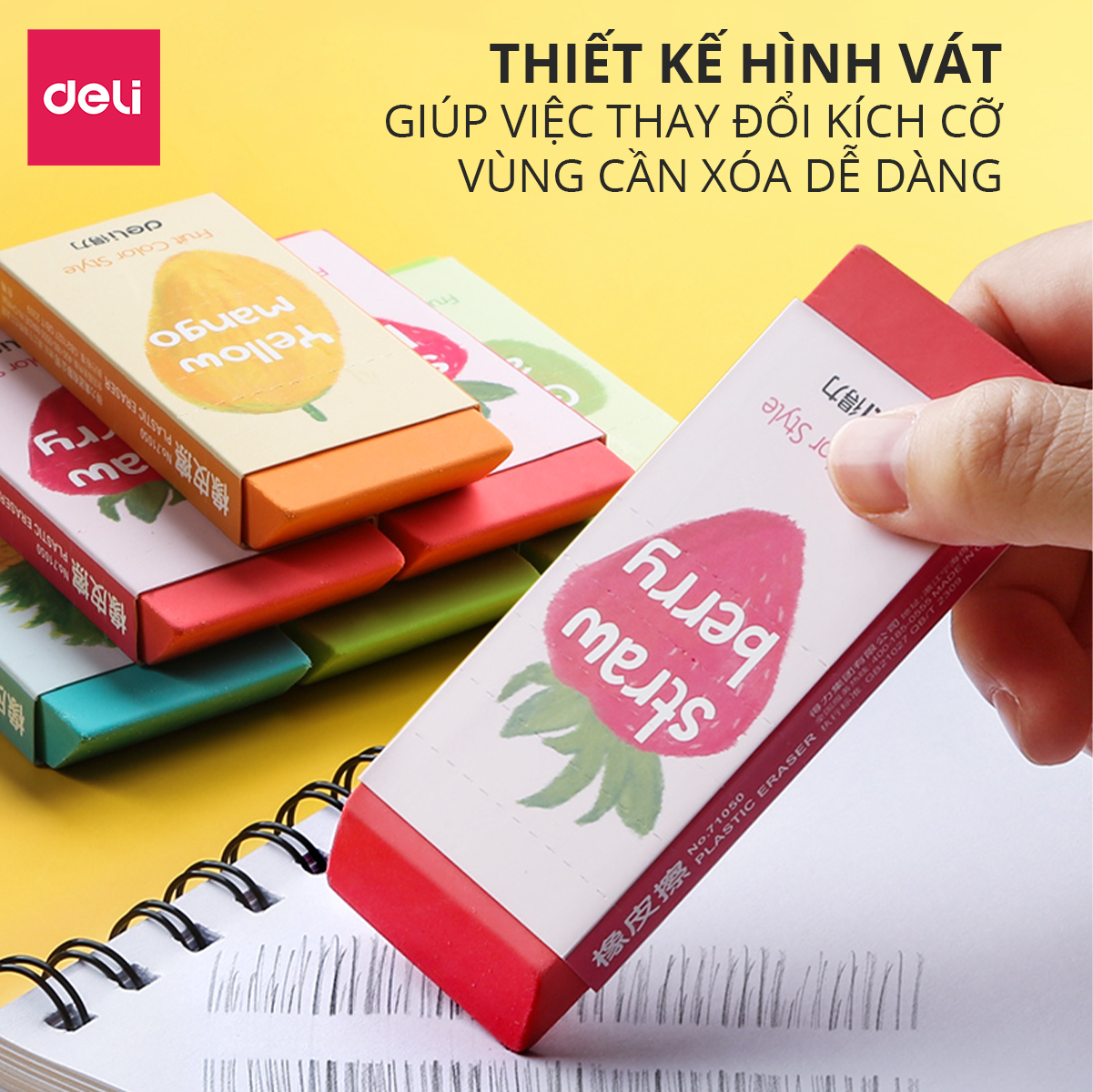 Gôm Tẩy Deli Hình Vẽ Hoa Quả Đỏ/ Xanh lá/ Vàng/ Xanh ngọc - Tẩy Bút Chì Sạch Đẹp - 71050