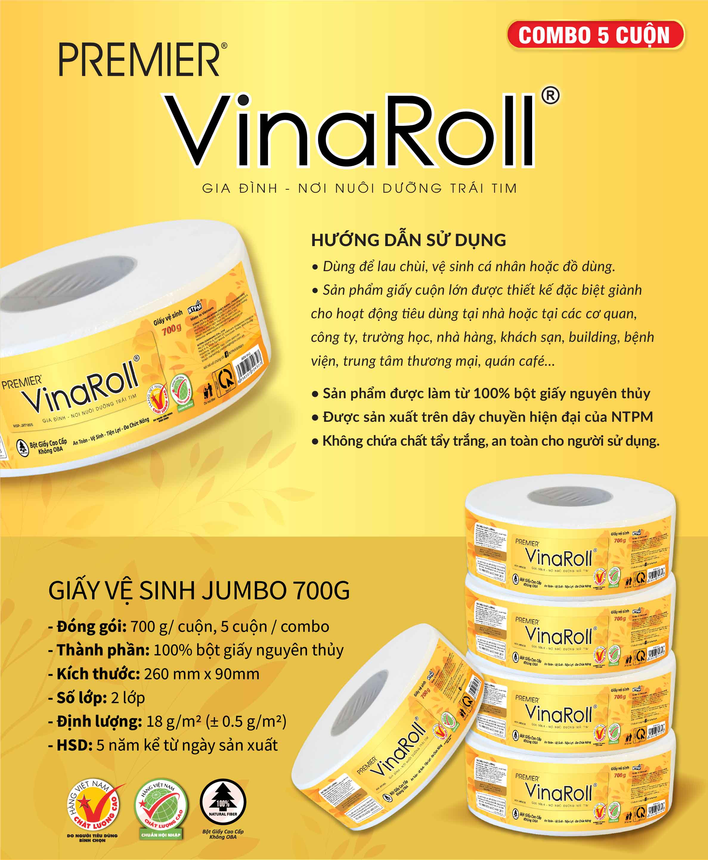 Giấy vệ sinh PREMIER VinaRoll Jumbo 700G - combo 5 cuộn (Giấy vệ sinh cuộn lớn)