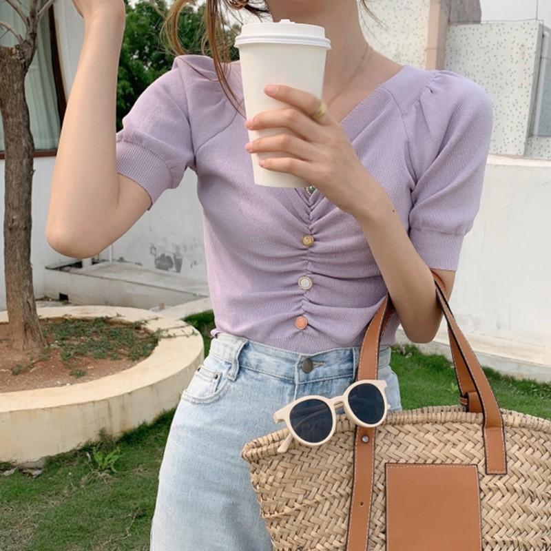 Áo Thun Dệt Kim Tay Phồng Cổ Chữ V Màu Trơn Thời Trang Cho Nữ