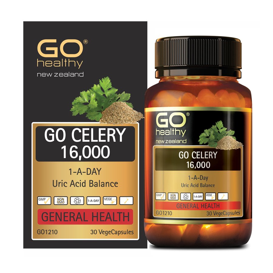 Viên gout nhập khẩu chính hãng New Zealand GO CELERY 16000mg giúp giảm các triệu chứng bệnh gút: giảm uric acid, làm giảm triệu chứng sưng đau do gut