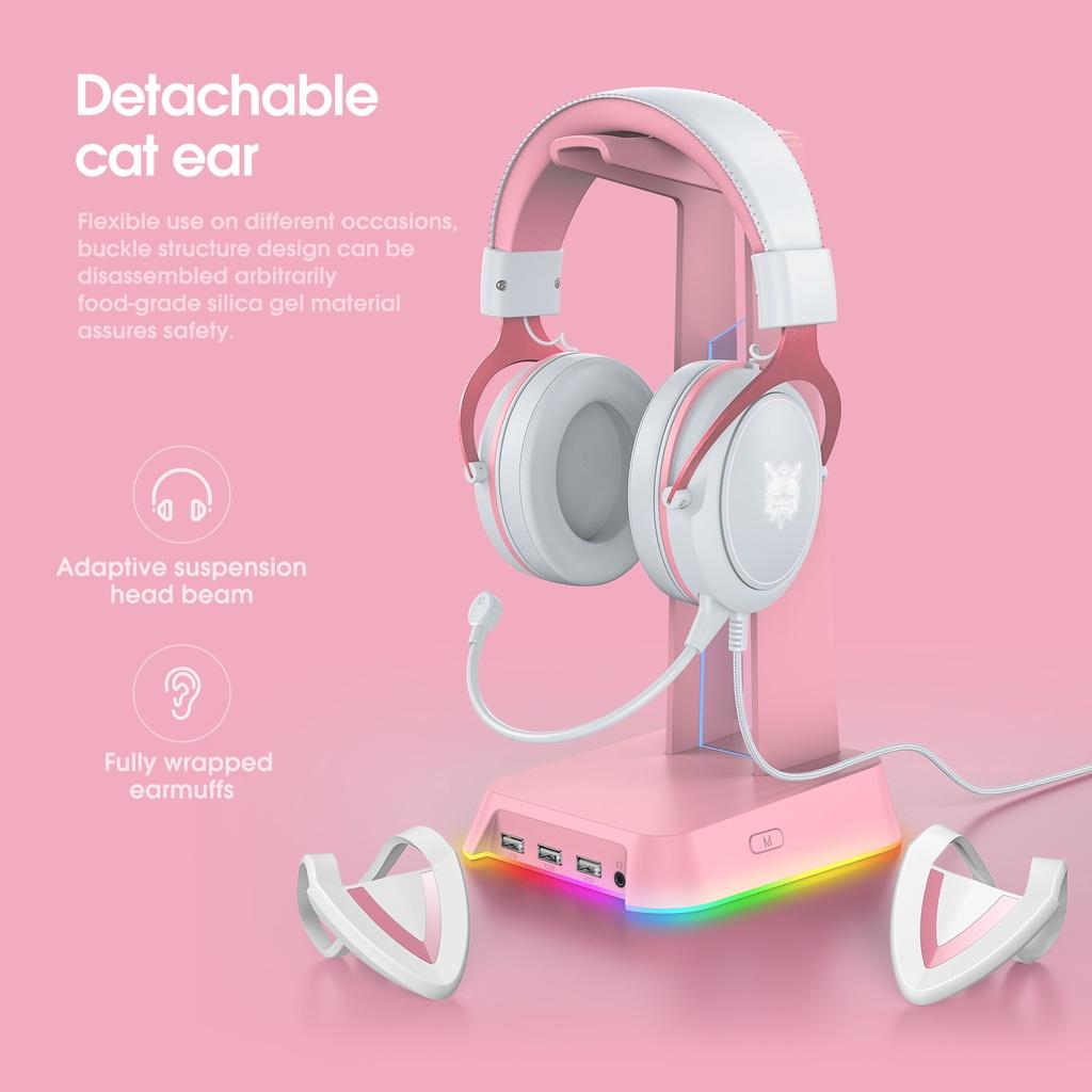 Tai nghe chơi game âm thanh nổi ONIKUMA X10 màu hồng trắng với micrô tai mèo RGB, có sẵn máy tính PC