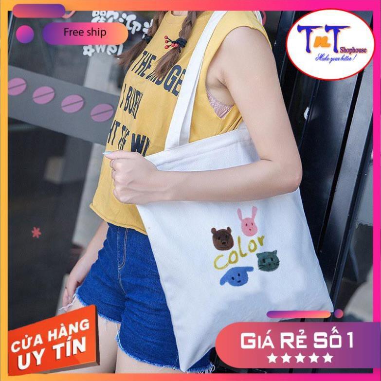 TT04 Túi tote vải Canvas đeo vai phong cách Ulzzang, vải bố form Unisex Vintage