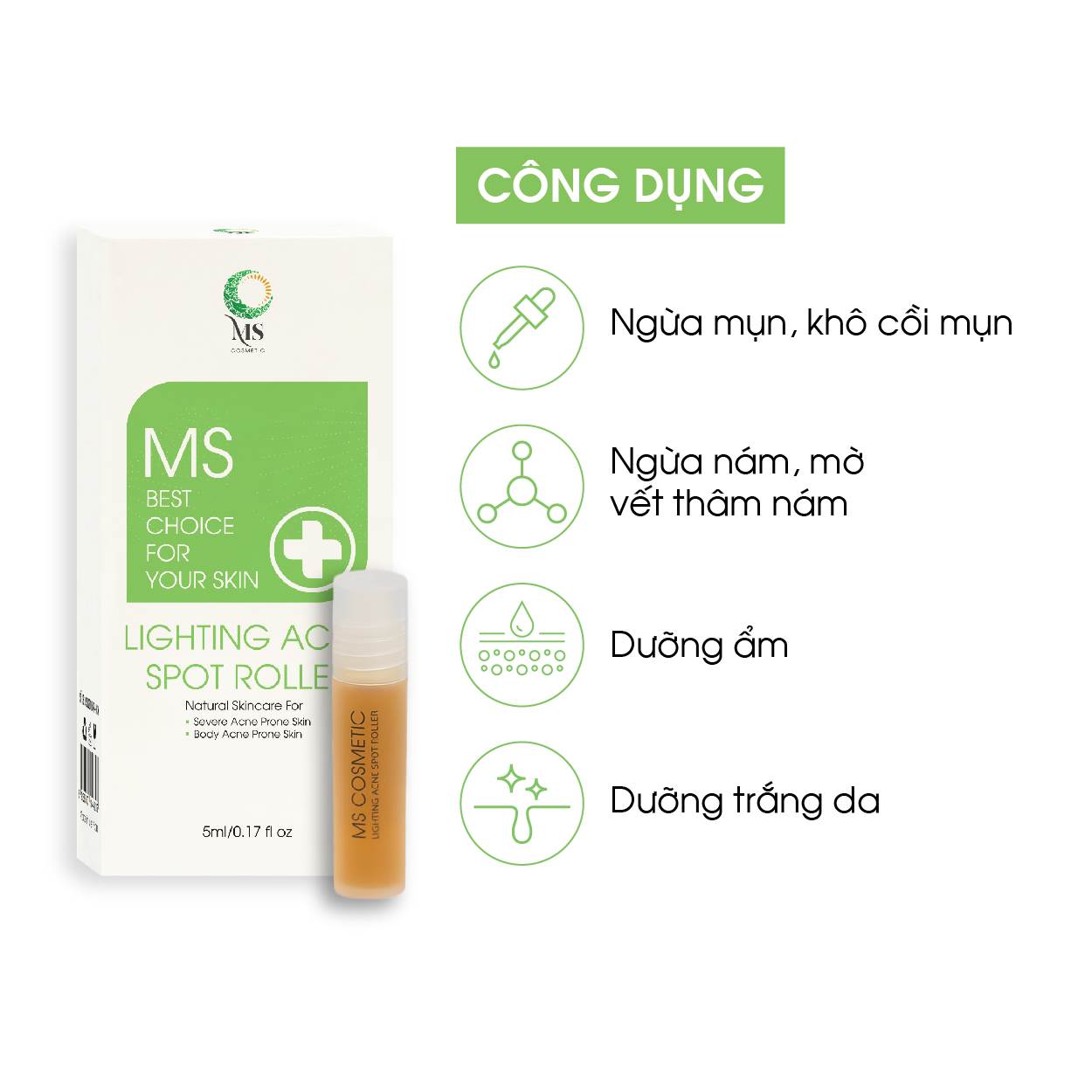 Thanh Lăn Mụn MS Lighting Acne Spot Roller (5ml), Hỗ Trợ Giảm Mụn, Mờ Vết Thâm, Thông Thoáng Lỗ Chân Lông - Mỹ Phẩm MS COSMETIC