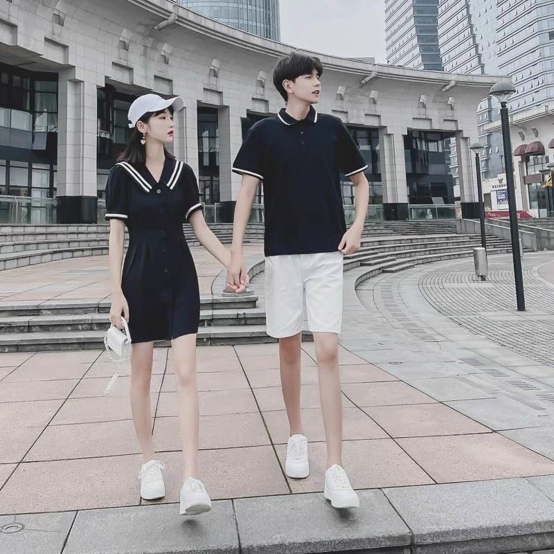 Váy áo đôi thủy thủ nam nữ, Set váy thun đôi polo cao cấp