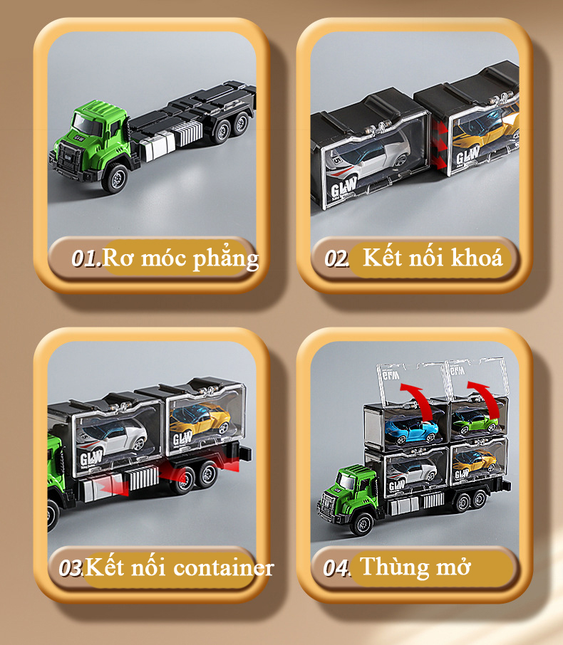Đồ chơi xe container chở xe ô tô có hộp lưu trữ tháo rời đầu bằng hợp kim chạy cót