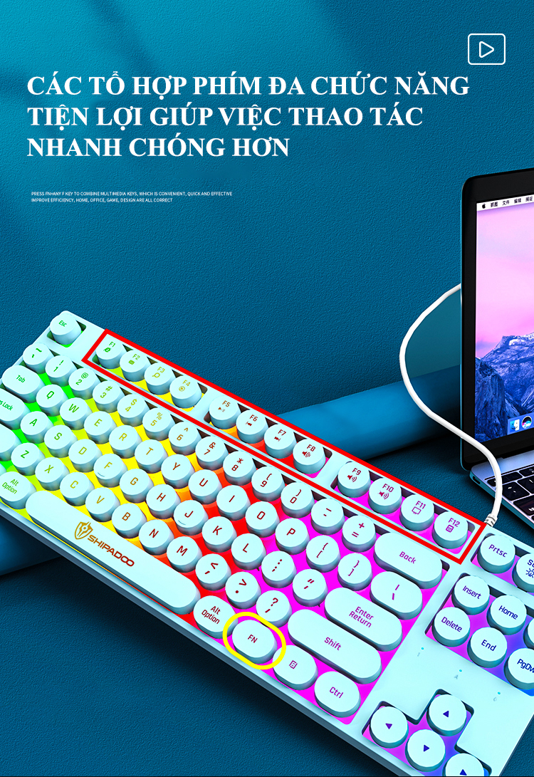 Bàn phím giả cơ SHIPADOO K87 nút tròn với thiết kế mini nhỏ gọn có đèn led 7 màu cực đẹp - Hàng Chính Hãng