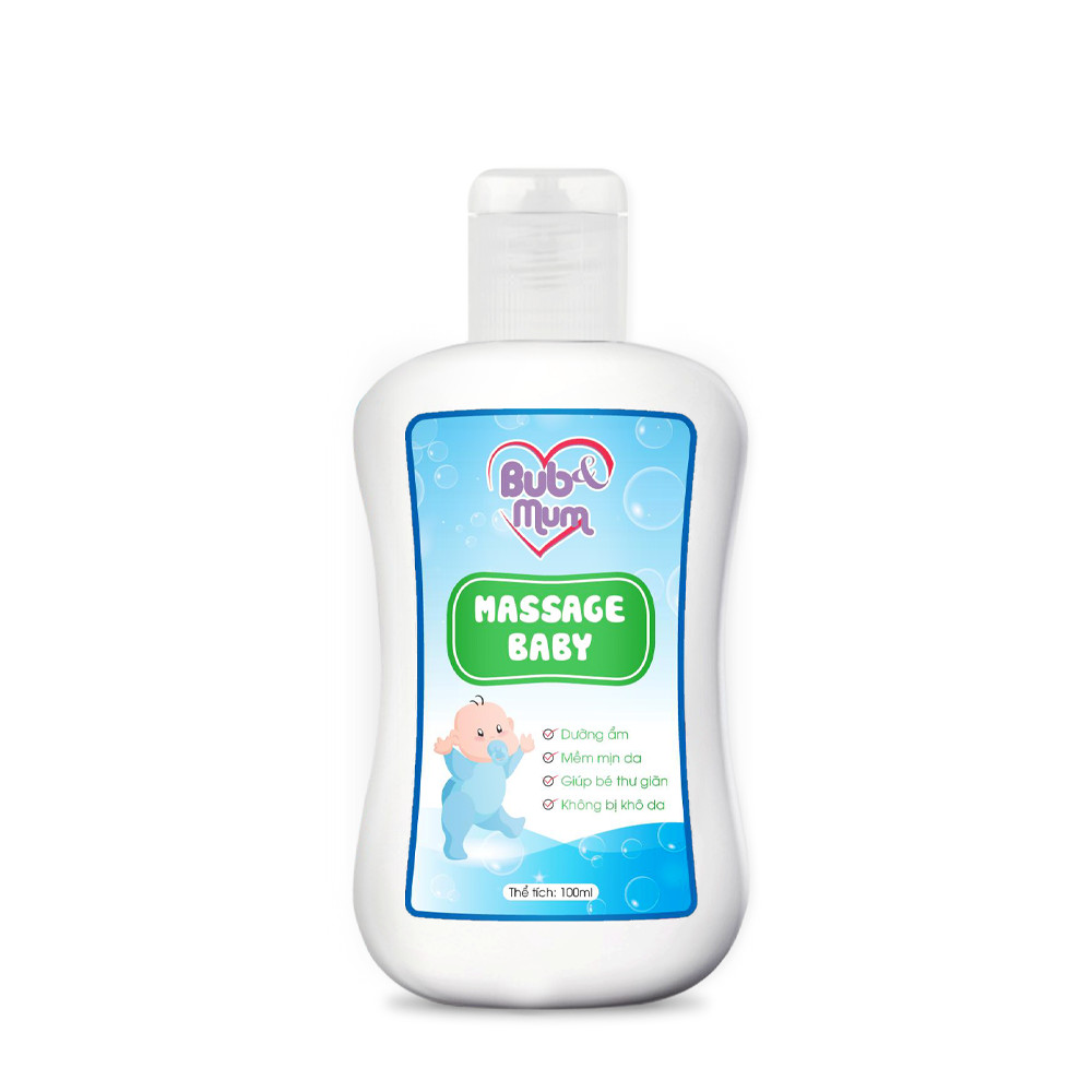 Massage Baby dầu mát xa cho bé 100ml BuB&amp;Mum công dụng giữ ẩm, thư giãn, giữ ẩm da bé luôn mềm mại và ấm áp hương thơm nhẹ nhàng phù hợp cho bé hàng công ty chính hãng, xuất xứ Việt Nam - Trắng