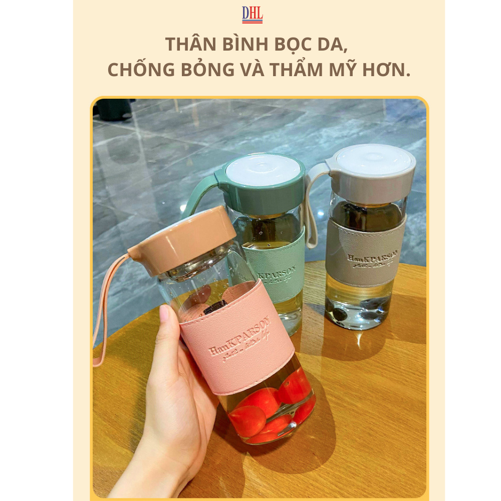 Bình Nước Thủy Tinh Cao Cấp Bọc Da Mitomo, Chịu Lực, Chịu Nhiệt, Có Dây Đeo Kèm Bộ Lọc Inox 304 Dung Tích 500ML hàng chính hãng