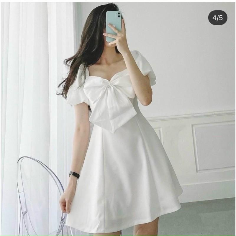 Đầm cổ vuông tay phồng nơ to xinh ngất ngây