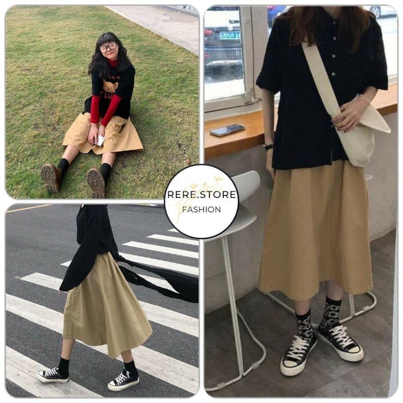 Chân Váy Midi Màu Be Chất Liệu Kaki Nữ - Rere.Store - Đầm suông trơn dáng dài kiểu dáng trẻ trung, năng động