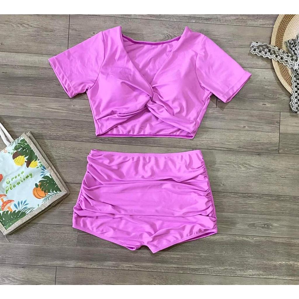 Set Đồ Bơi Nữ Áo Croptop Xoắn Cạp Quần Cao