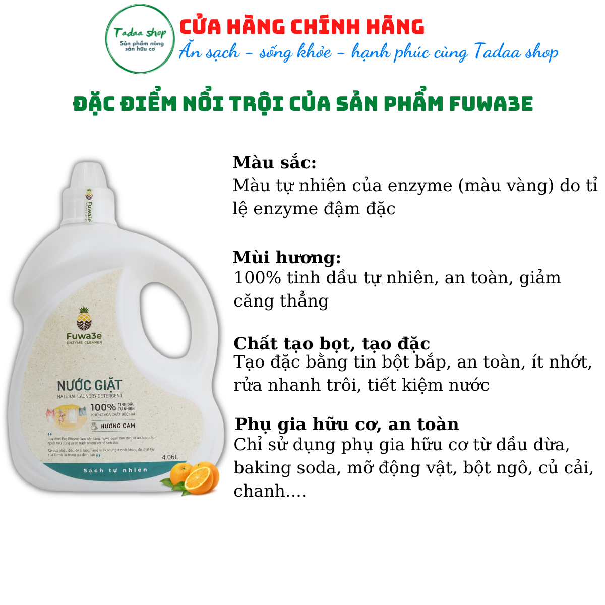 Nước giặt sinh học hữu cơ Fuwa3e tiết kiệm nước, cực sạch, an toàn cho bé hương cam can 4060ml