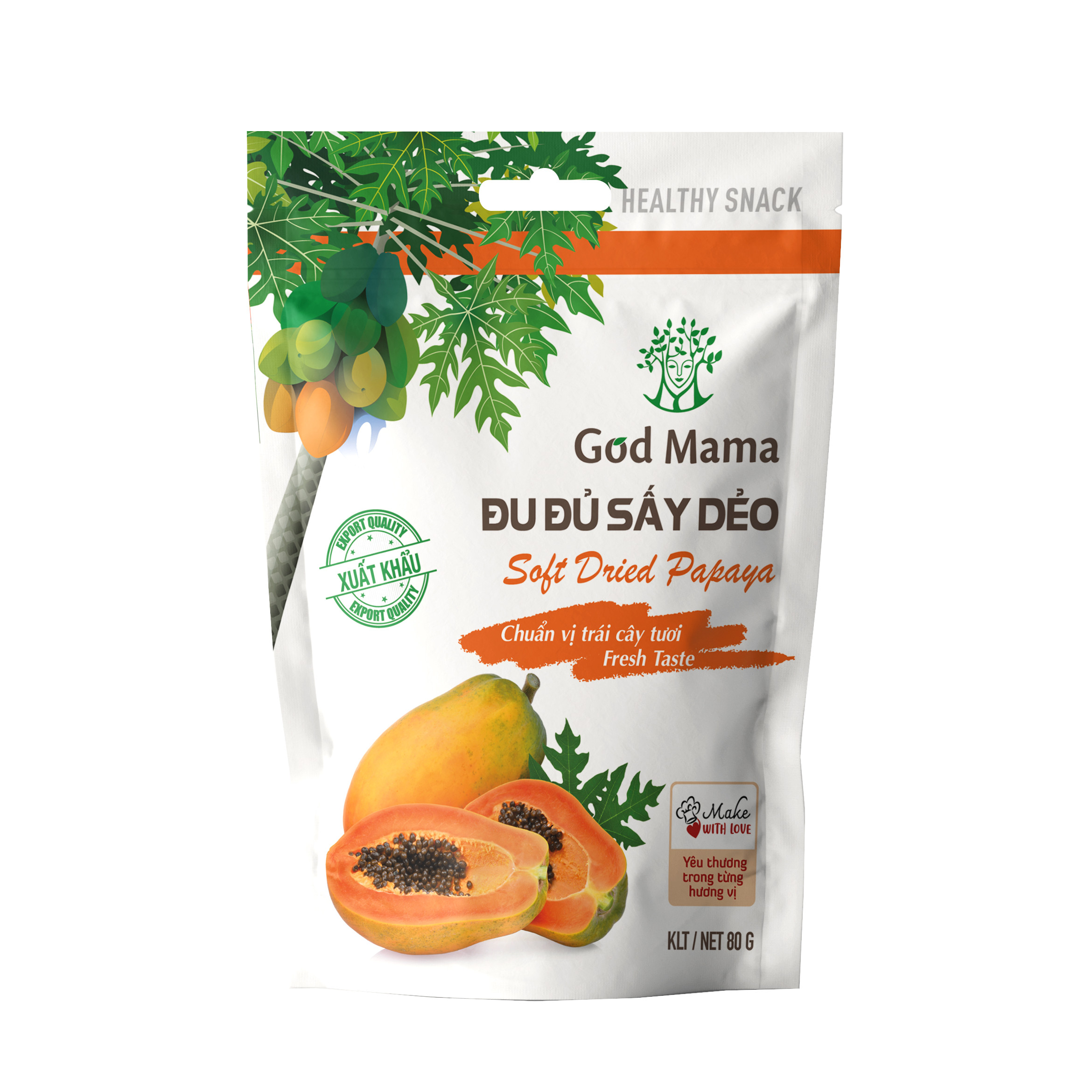 Đu đủ sấy dẻo God Mama - 80g - Ăn vặt tốt cho sức khỏe. Nguyên liệu được lựa chọn cẩn thận từ nhà vườn, chất lượng cao, độ chín vừa phải, đảm bảo độ mềm, dẻo vừa ăn cho sản phẩm