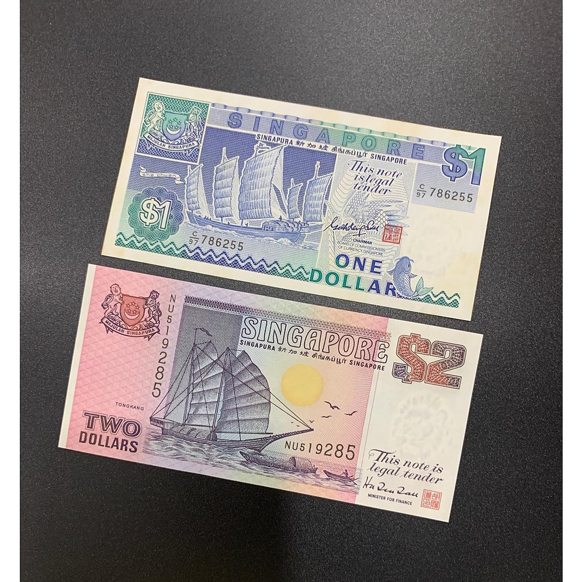 Combo 2 tờ tiền thuận buồm xuôi gió Singapore 1 và 2 Dollar xưa 199x , quà tặng phong thủy , sưu tầm
