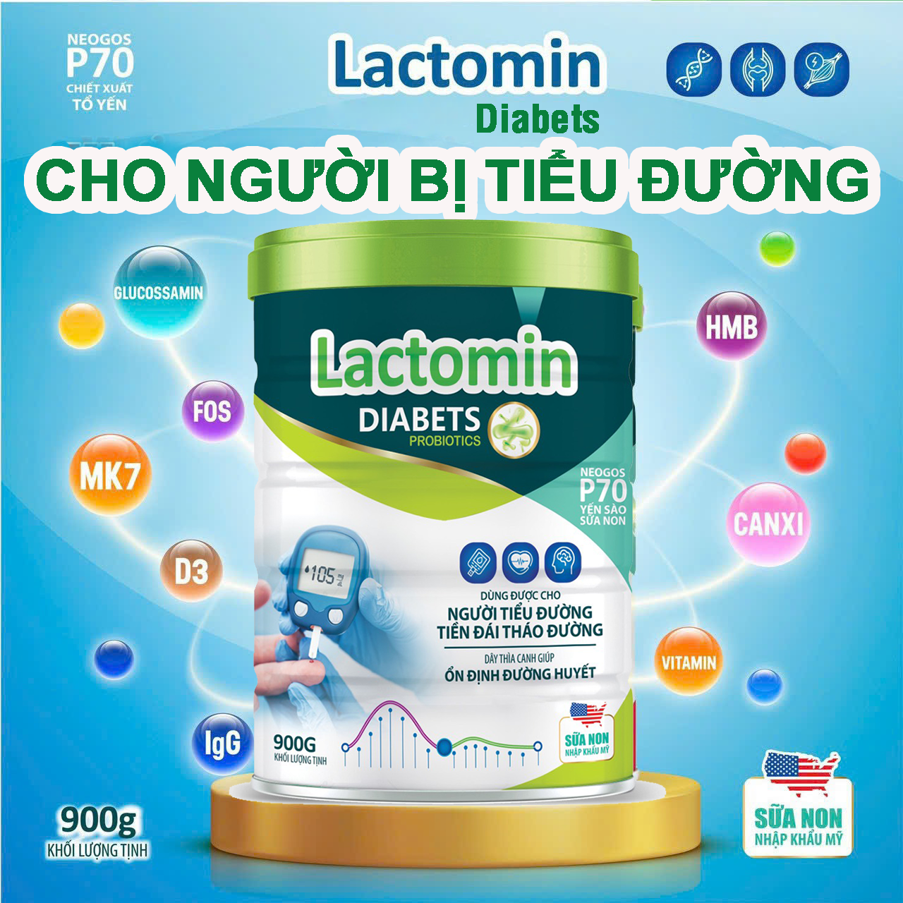 Sữa Mát cho người tiểu đường Lactomin Diabets 900g- Dễ tiêu hóa