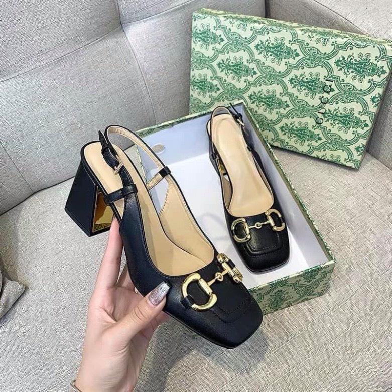 Sandal buty khoá DD gót bọc màu vàng 7cm- giày bít mũi gót vuông phong cách Hàn
