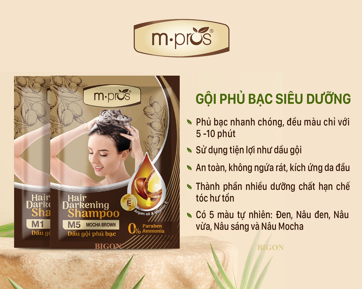 [Đủ Màu] Dầu Gội Nhuộm Tóc  Đen &amp; Nâu, Phủ Bạc 100% Thảo Dược Siêu Dưỡng M.PROS 25ml