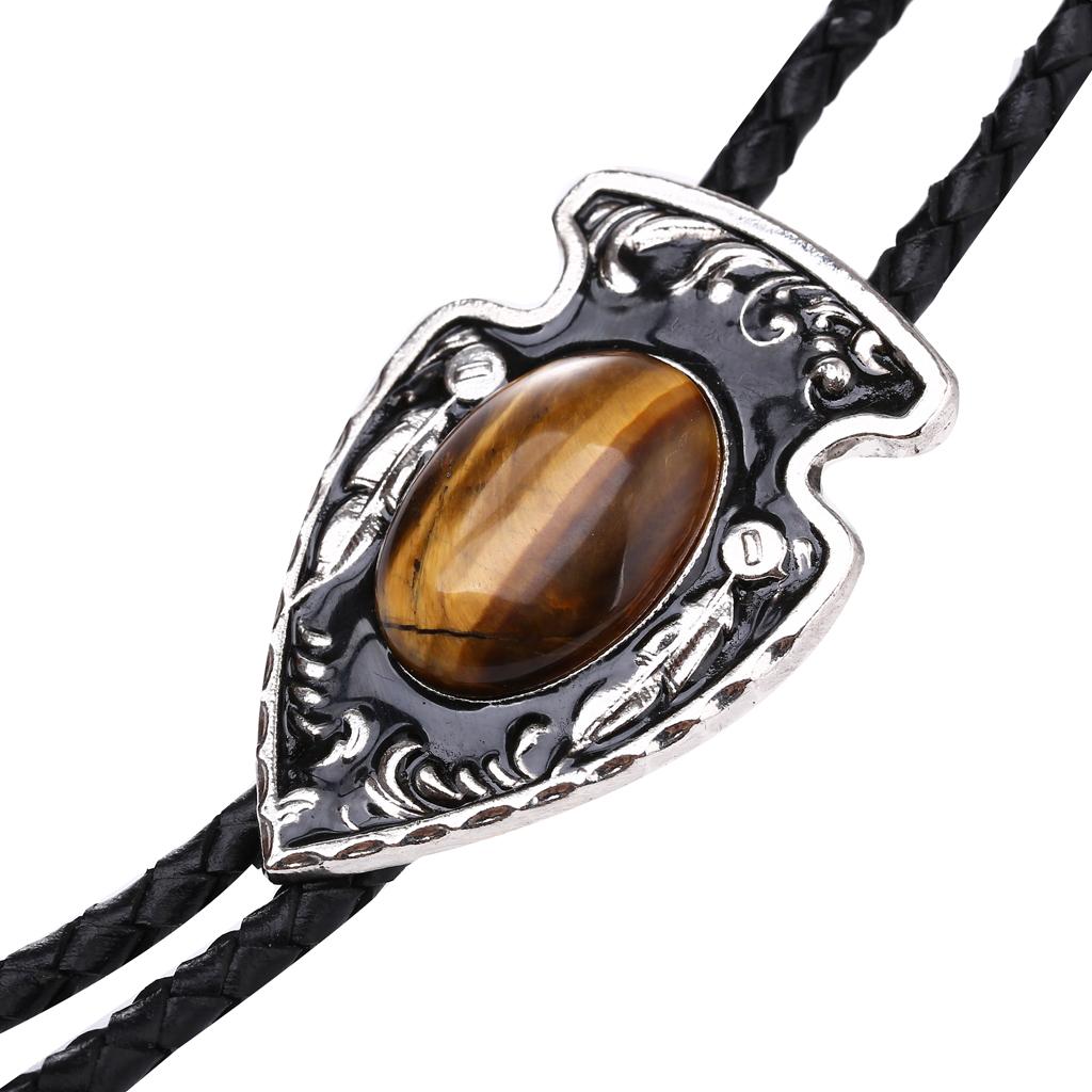 Vintage Oval Agate Bolo Tie Real Leather Cord Necktie Western Cowboy Necklace
