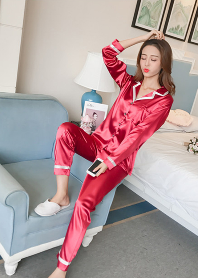 Bộ quần áo mặc nhà nữ kiểu Hàn Quốc chất phi lụa mềm nhẹ CDANP19 màu đỏ