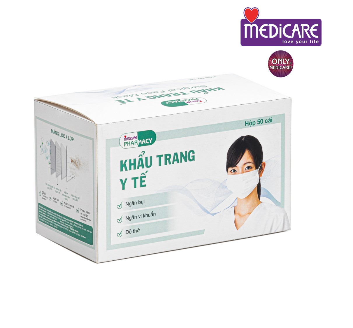 0131250 Khẩu trang MEDiCARE PHARMACY 4 lớp trắng 50 cái