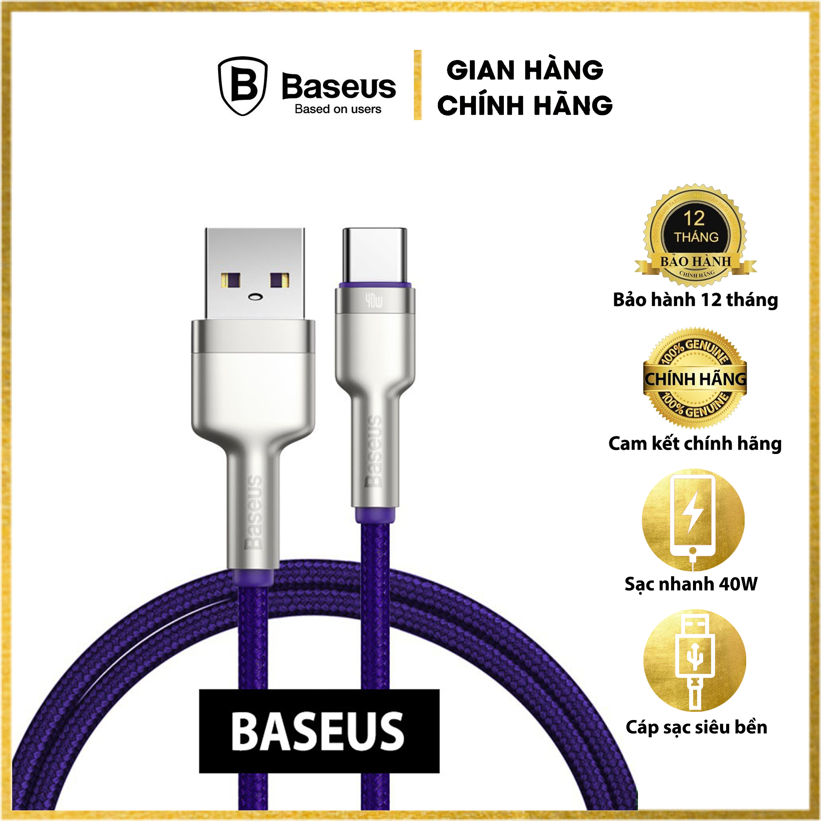 Dây sạc nhanh Baseus 40W Type C, Cáp sạc nhanh Baseus PD 40W Metal Charging Cables USB To Type-C Charger Data Line - Hàng chính hãng