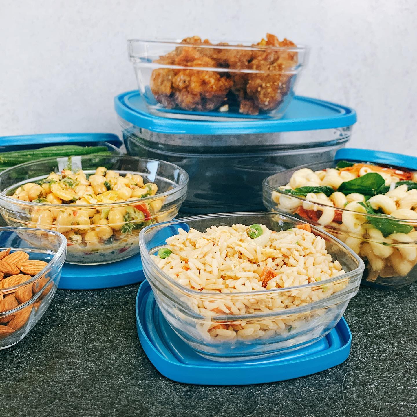 Bộ Hộp thực phẩm D9015A Duralex - Freshbox nắp xanh Blue 5 size Thủy tinh cường lực Pháp