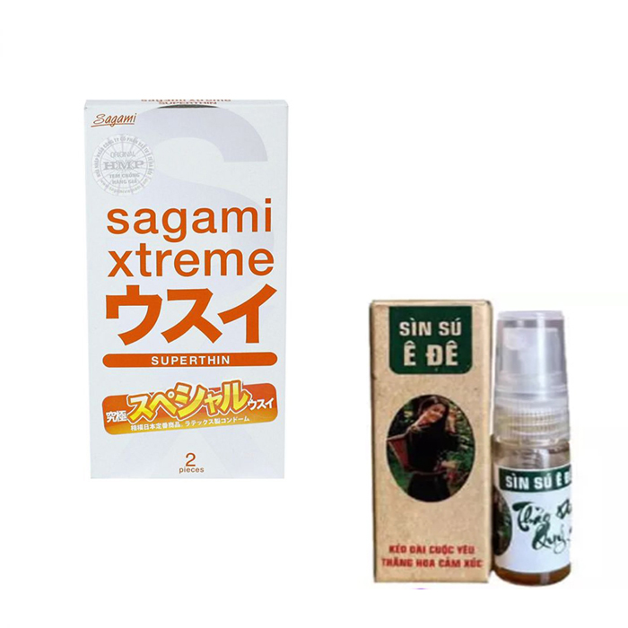 Bao cao su sagami 2 cái + Xịt Tăng Cường Thời Gian