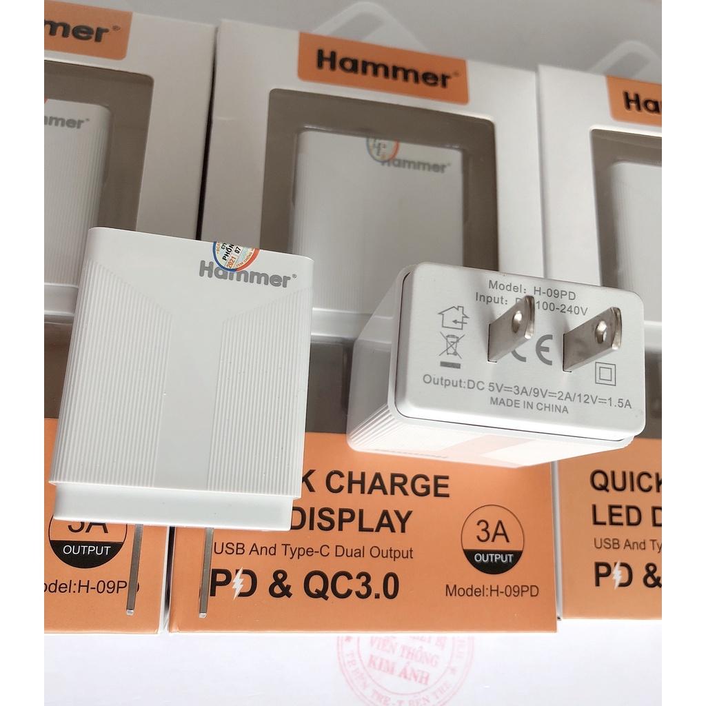 Cóc sạc nhanh Hammer 18W, PD & Quick Charge 3.0A, có LCD hiển thị dòng điện, Hàng chính hãng bảo hành 12 tháng