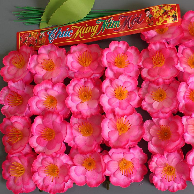 Hoa Đào Giả Trang Trí Tết - Bịch 40 hoa đào giả kèm lá kẽm trang trí tết