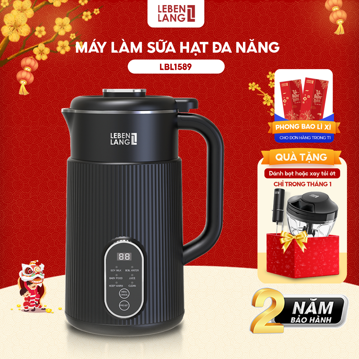 Máy làm sữa hạt đa năng Lebenlang LBL1589, làm sữa hạt nhanh trong 25 phút, công suất 600W, dung tích 1000ml, bảo hành 2 năm - hàng chính hãng