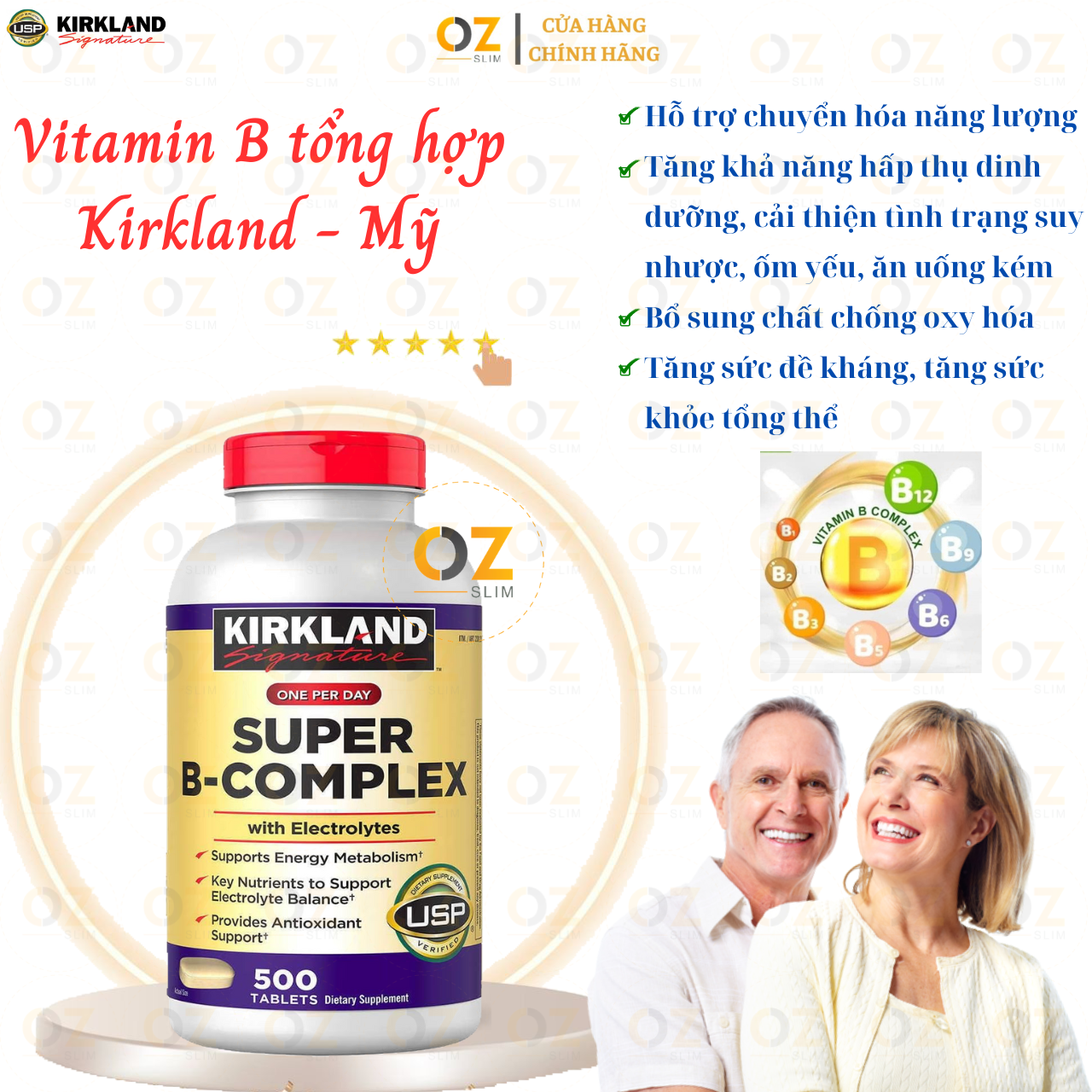 Vitamin B Kirkland Super B-Complex hỗ trợ chuyển hóa năng lượng, tăng hấp thụ dinh dưỡng, cải thiện suy nhược, thêm chất chống oxy hóa - OZ Slim Store