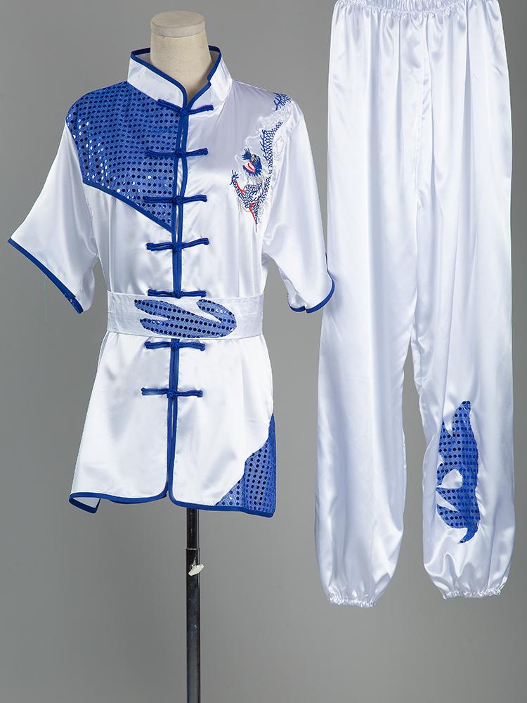 Người lớn thêu rồng rồng kung fu wushu cạnh tranh quần áo võ thuật đồng phục trẻ em Color: Blue Long Sleeve Size: 130