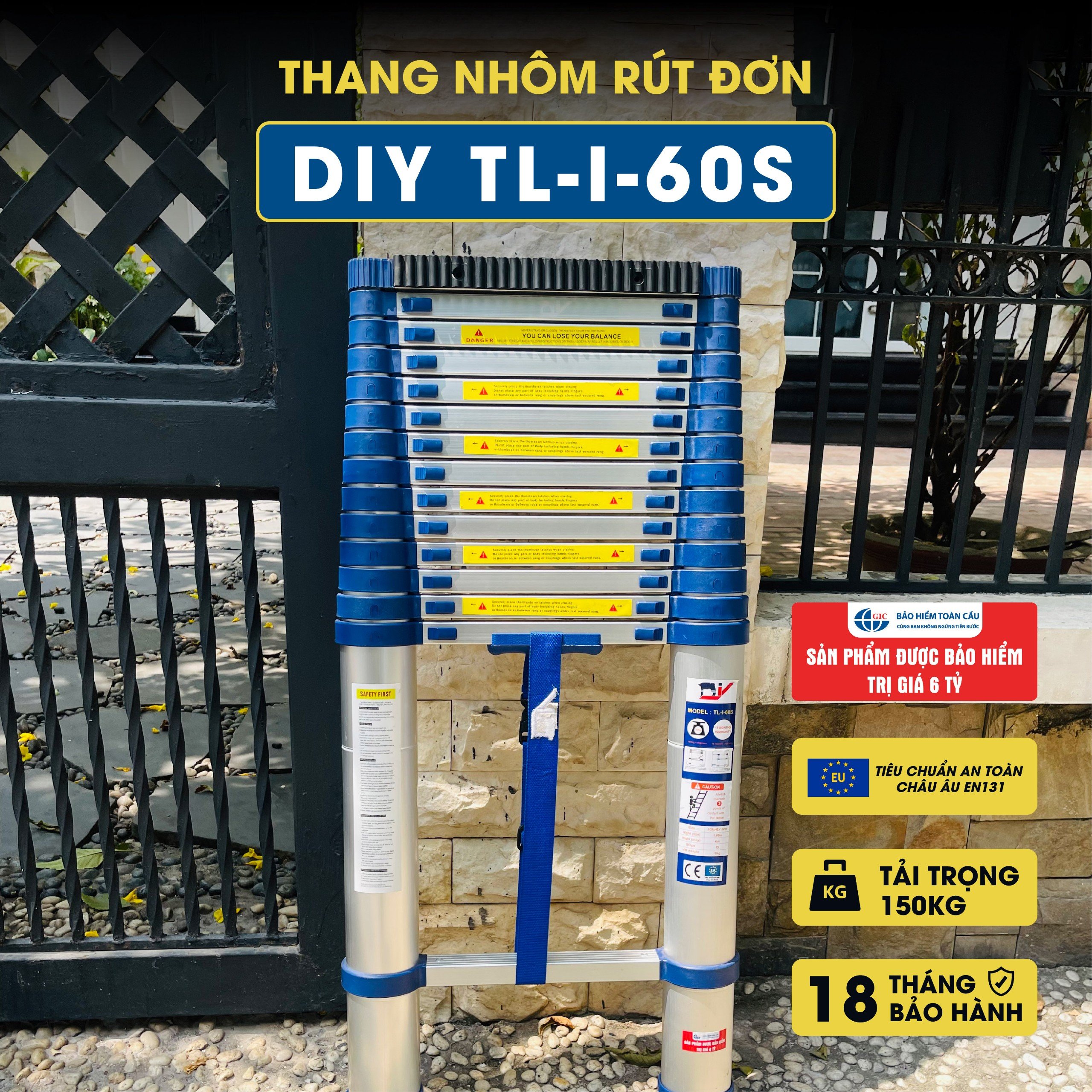 Thang nhôm rút đơn cao cấp DIY TL-I-60S chiều cao sử dụng tối đa 6.0M