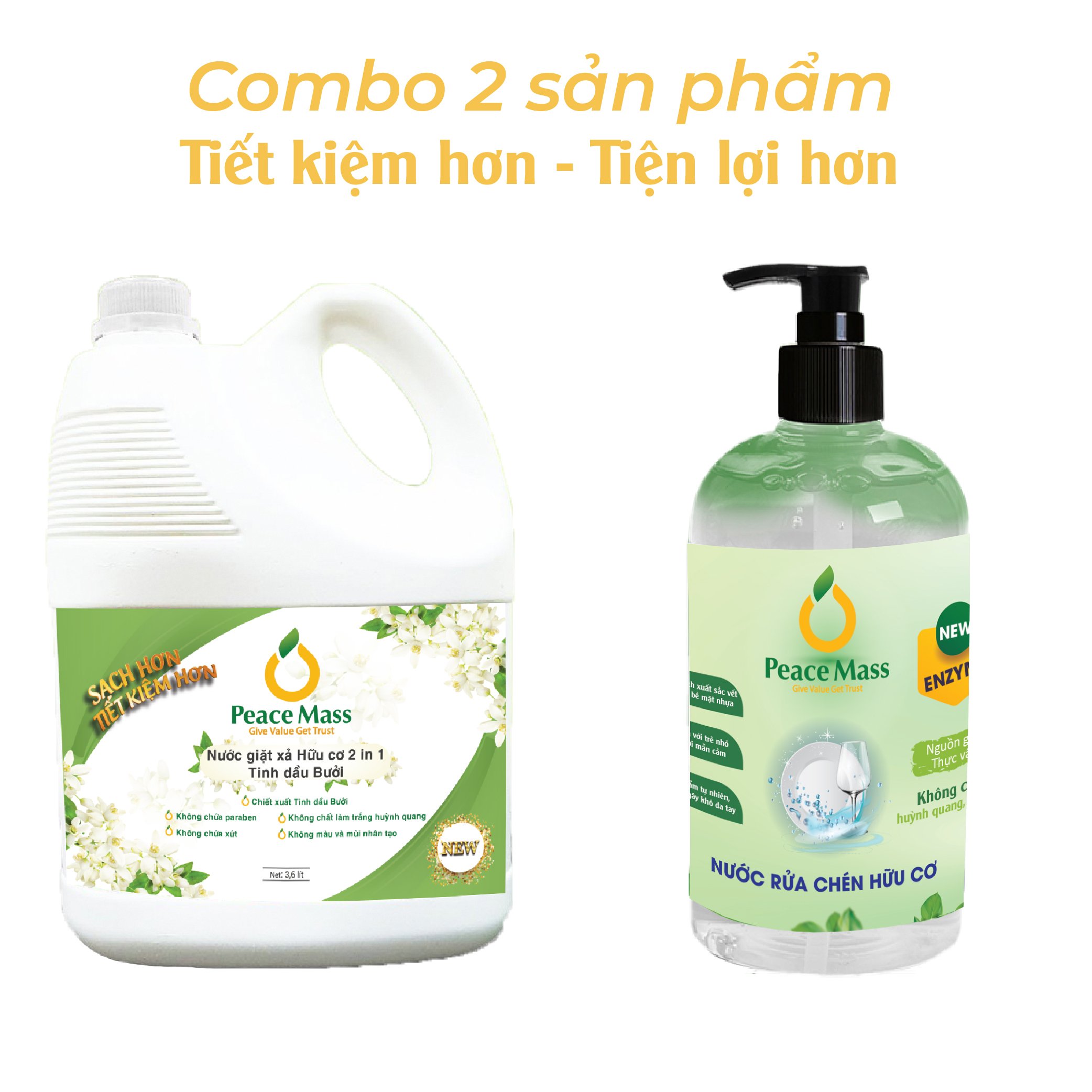 Combo Gốc Thực Vật NGB1 Peace Mass Nước Giặt Xả 2 in 1 3.6 lít + Nước Rửa Chén 500ml