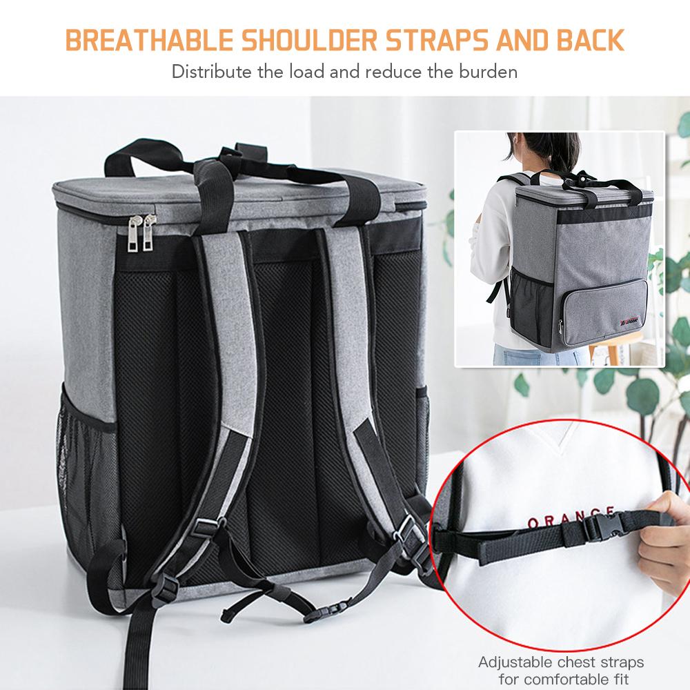 Ba lô giữ lạnh được làm bằng vải oxford chống mài mòn, đệm mút dày và màng PEVA chống thấm nước