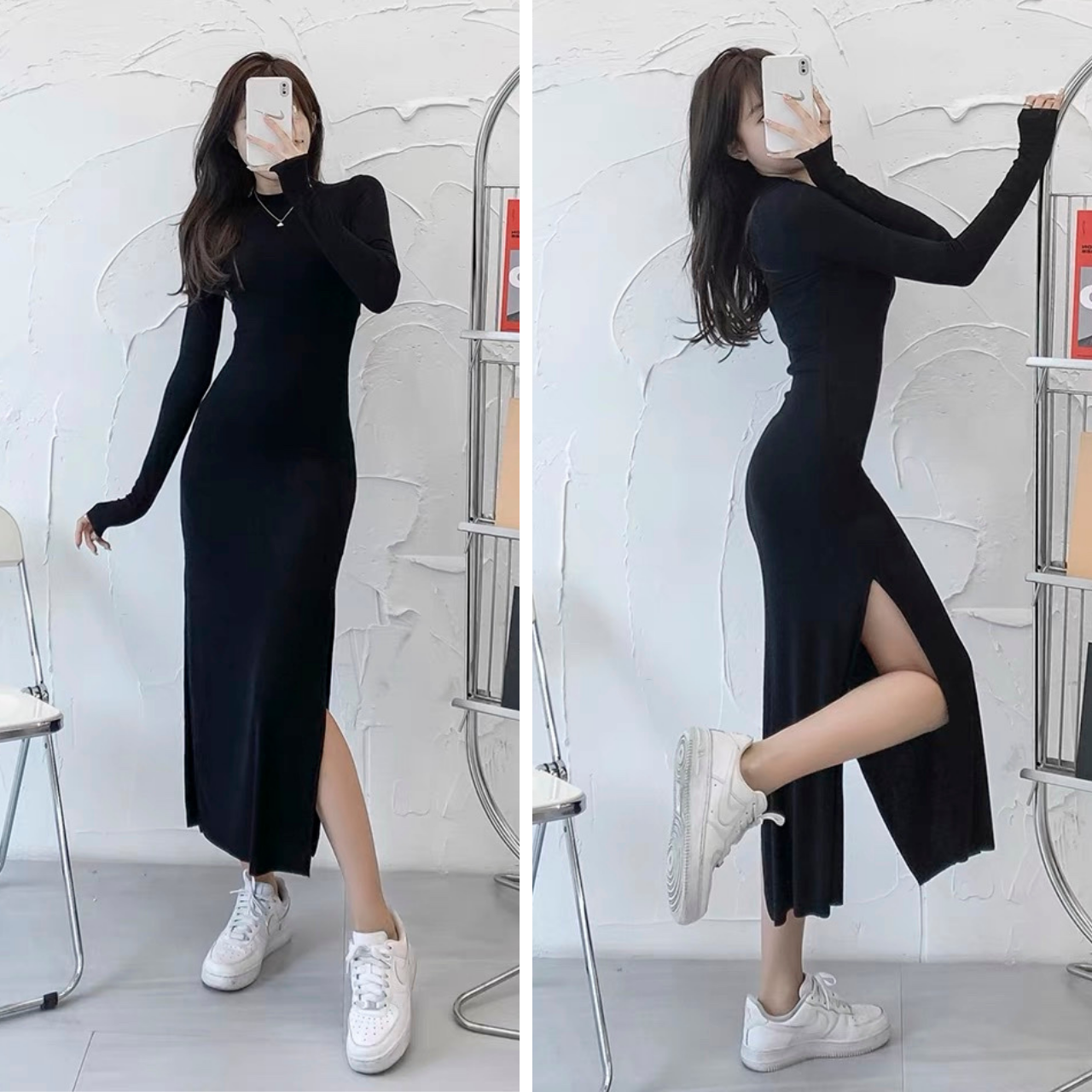Đầm Body Thun Tay Dài Xẻ Tà Năng Động Màu Đen