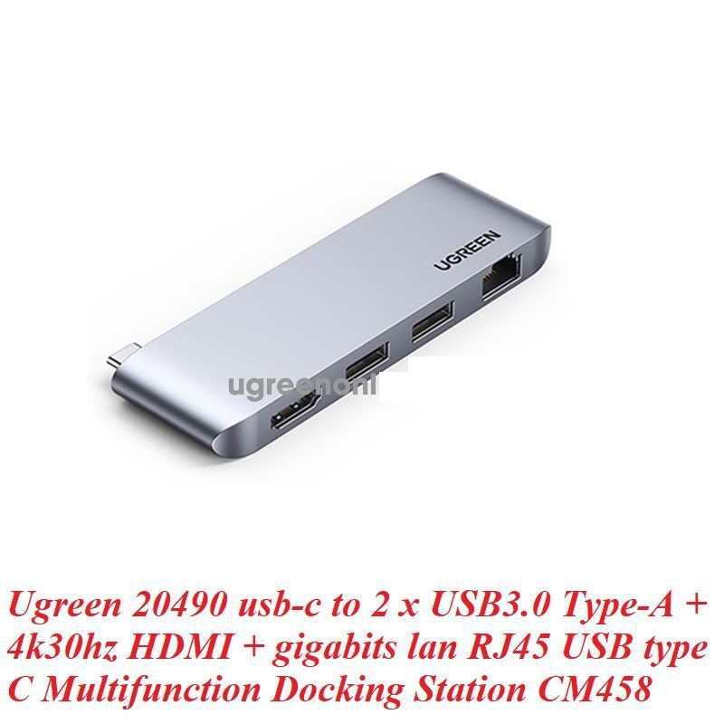 Ugreen 20490 usb-c to 2 x USB3.0 Type-A + 4k30hz HDMI + gigabits lan RJ45 USB type C Multifunction Docking Station CM458 10020490 hàng chính hãng