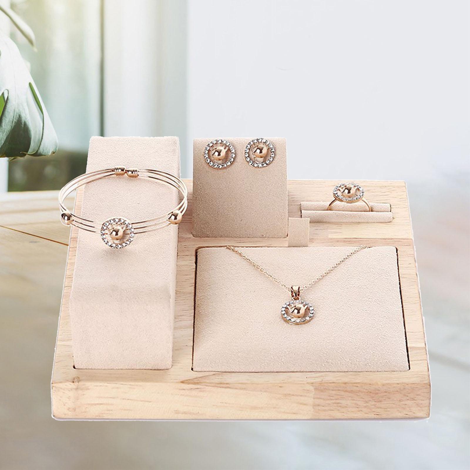 Wooden Velvet Jewelry Set Display Stand Necklace Earrings Holder Beige