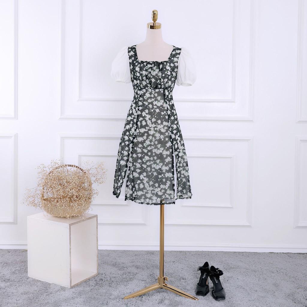 Đầm nữ voan hoa tay phối trắng thanh lịch - Váy nữ xẻ thiết kế xẻ vạt trước TK FASHION DK835