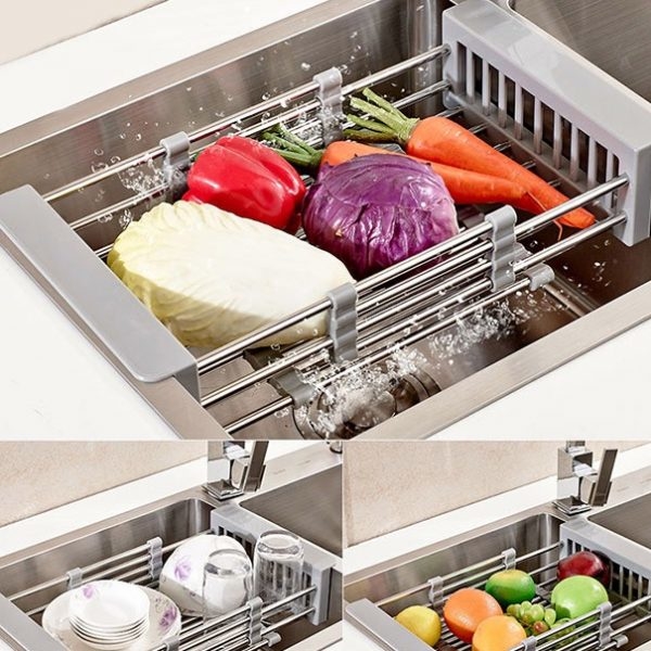 Rổ inox rút gọn - Khay inox gác bồn rửa tiện dụng HBH