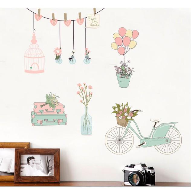 Decal dán tường trang trí - Xe Đạp và nhiều chậu hoa dịu dàng